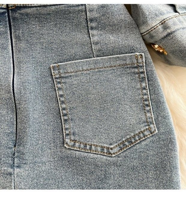 Women's Denim Jacket & High Waist Pencil Skirt Two-Piece Set - Slim Fit Short Cropped Blazer With Button Front & Bodycon Mini Skirt (Blue, S/M/L)_voghion.com