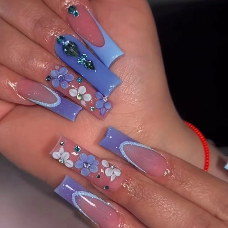 24 Stuks Lange Ballet Kunstnagels Wearable Doodskist Franse Druk op Nagels Bloem Ontwerp Nep Vingernagels met Rijnen_voghion.com
