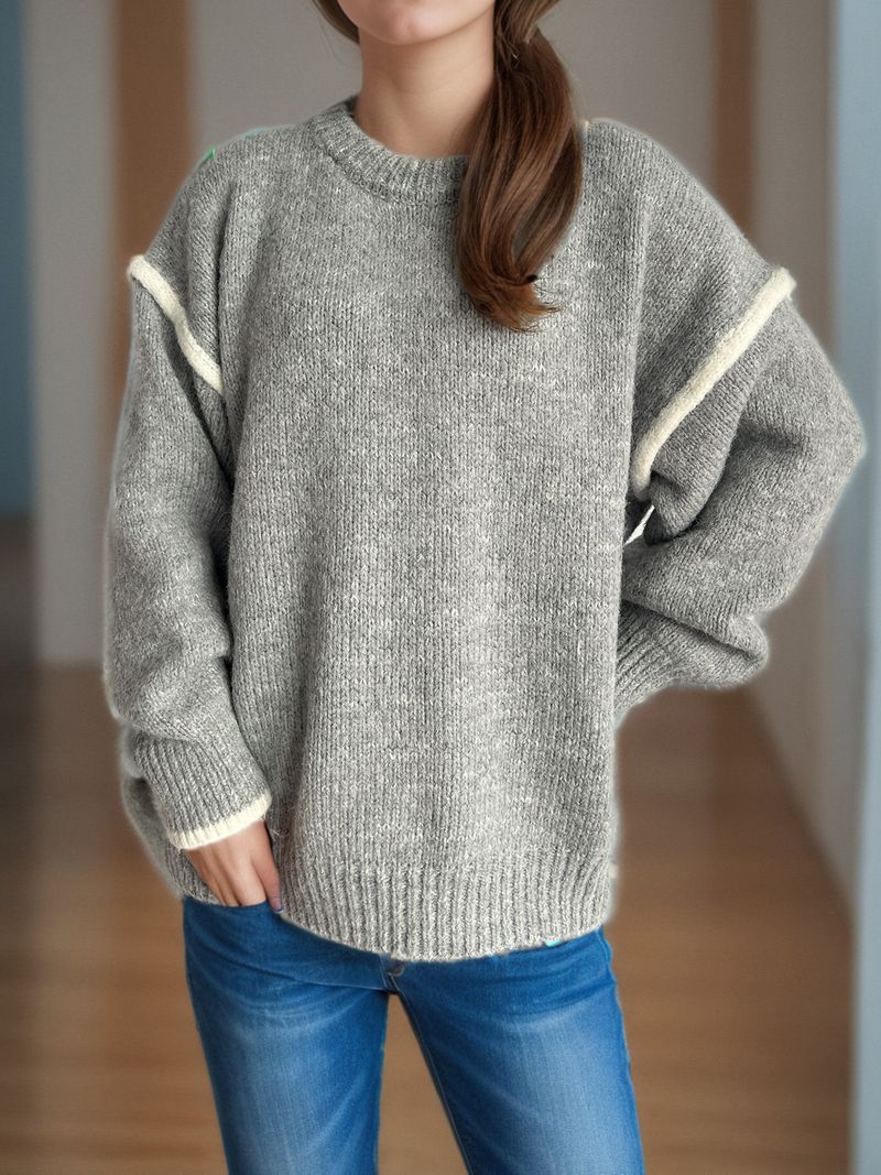 Pull en maille patchwork pour femme – Pull oversize à col rond et tissu épais et chaud (rose/gris/beige/kaki, S/M/L)_voghion.com