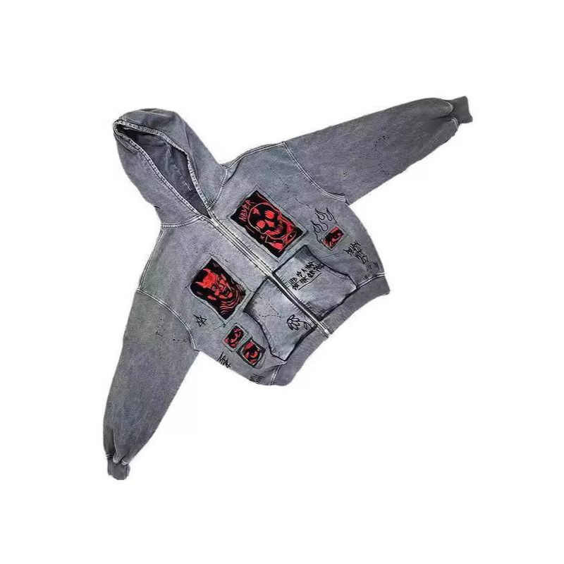 American Street Retro Y2K Unisex Devil 3D-geprinte patch, zware losse capuchontrui_voghion.com