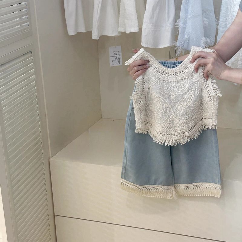 Ropa para niños Traje de diseño retro para niñas Chaleco corto con borlas de crochet de verano Top de jeans de pierna ancha Traje de dos piezas de moda_voghion.com