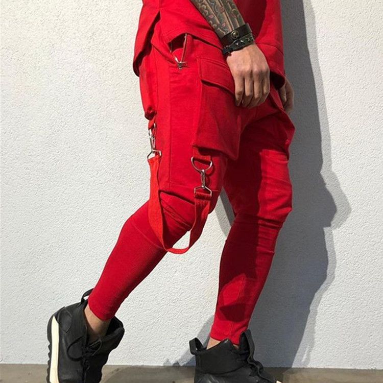 Men's Multi Pocket Drawstring Casual Trousers Men's Autumn New Overalls Men's High Street Hip Hop School Bag Pants_voghion.com