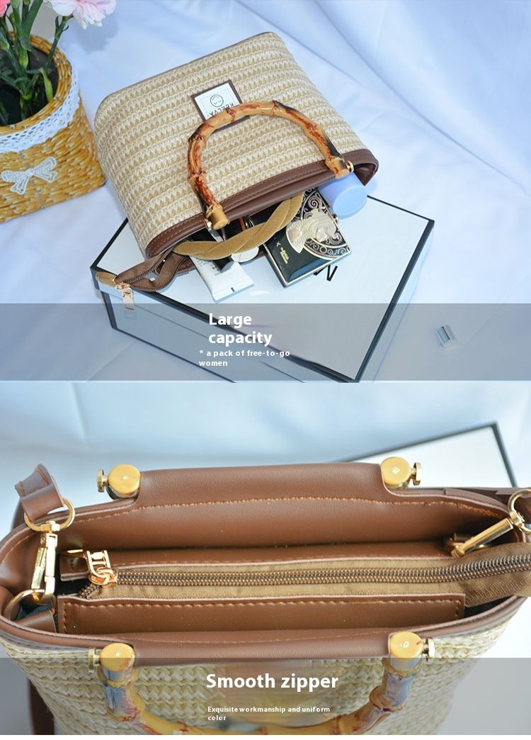 Borsa a mano retrò di fascia alta, borsa a secchiello in tessuto casual estivo da donna in paglia Borsa a tracolla singola alla moda e di nicchia_voghion.com