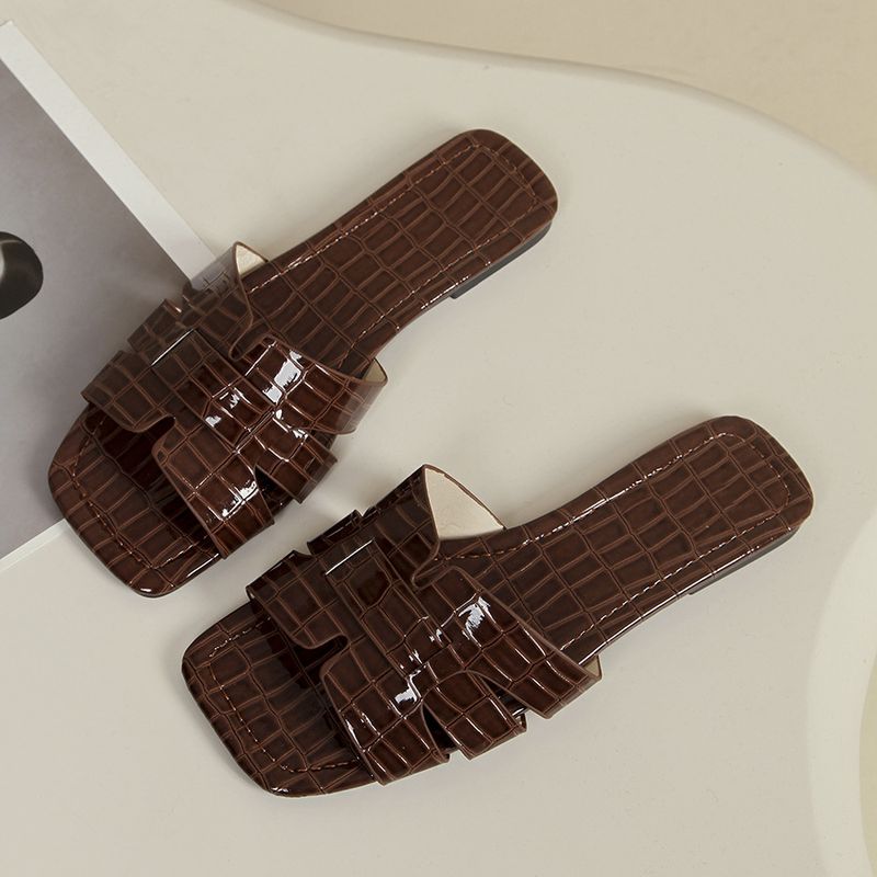 Solid Color Casual Stone Flat Slippers New Square Head Slip-on Slippers_voghion.com