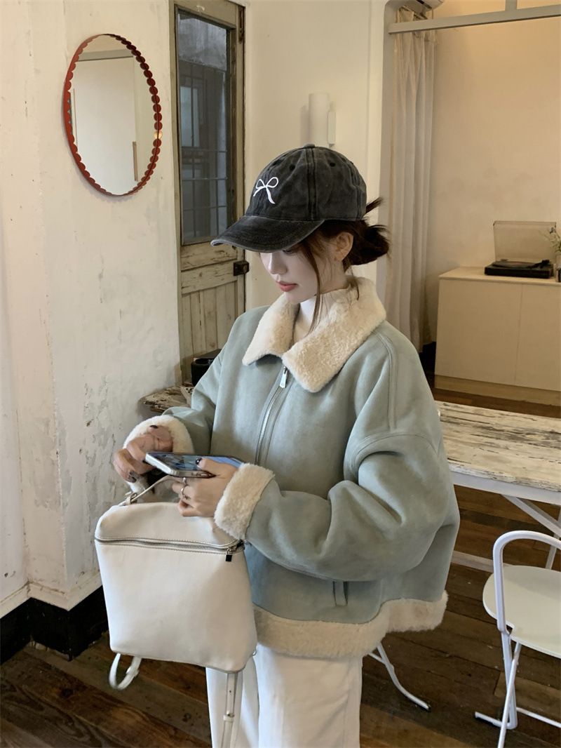 2025 Winter Koreanischen Stil High-End Hellblau Revers Kurzen Lamm Wolle Mantel Für Frauen, Schaffell Integrierte Jacke Top_voghion.com