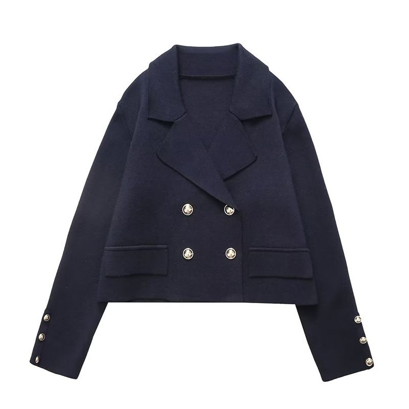 Giacca corta in tessuto lavorato a maglia doppiopetto elegante e alla moda da donna autunno inverno 2022_voghion.com