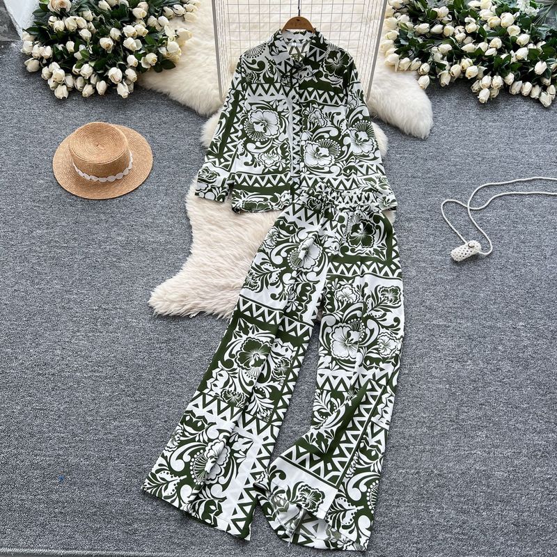 Damenbekleidung, modisch, locker, vielseitig, langärmelig, bedrucktes Hemd + lässiger Hosenanzug mit hoher Taille und weitem Bein_voghion.com