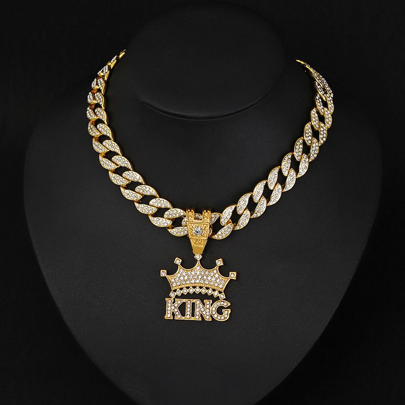 Herrhalsband hip hop hel diamant krona bokstav KING hänge street trend cool legering halsband tillbehör herr_voghion.com
