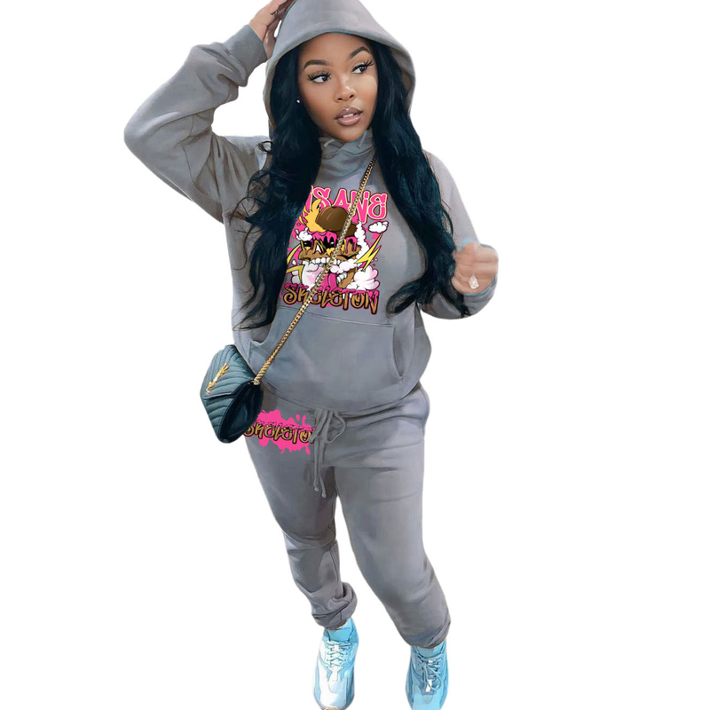 Tuta sportiva stampata casual da donna con felpa in pile con cappuccio in due pezzi_voghion.com