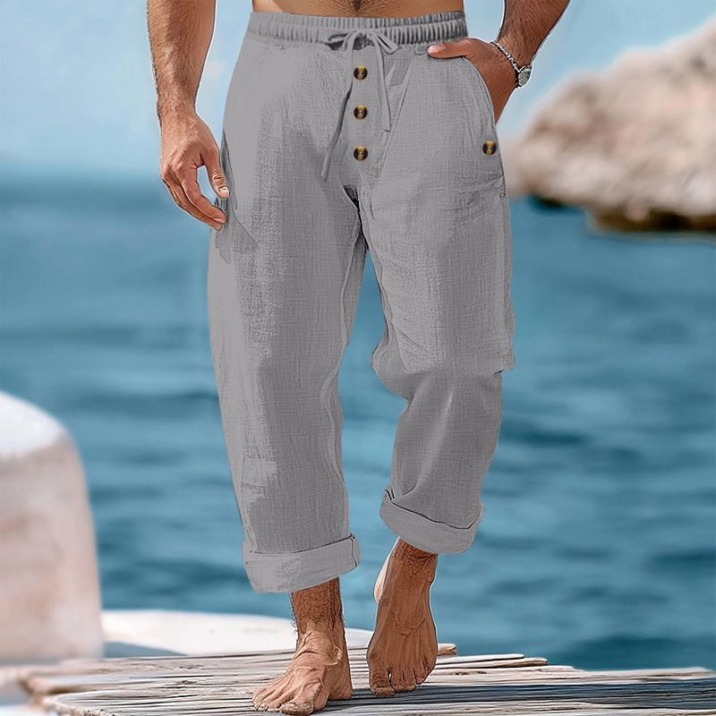 Pantaloni da spiaggia primaverili e autunnali da uomo, in cotone e lino, tinta unita, larghi, con coulisse e bottoni, casual, da uomo_voghion.com