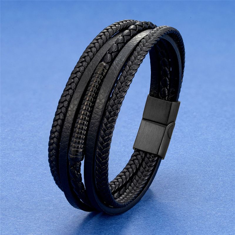 Bracciale multistrato in vera pelle intrecciata a mano, bracciale da uomo in acciaio inossidabile in stile etnico_voghion.com