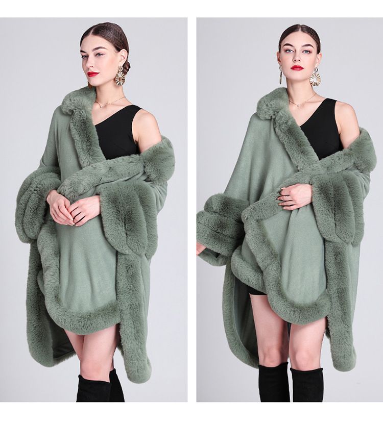 Pelerină cu guler de blană, cardigan tricotat lejer, mărime plus, pelerină pentru femei_voghion.com
