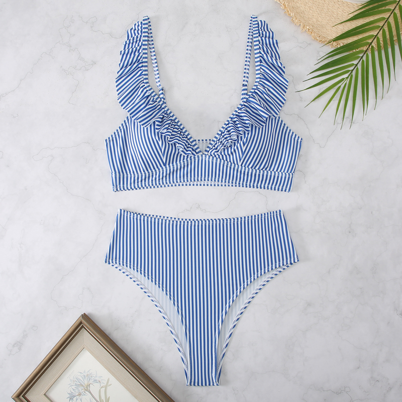 Maillot de bain bikini rayé taille haute à volants et col en V pour femme, nouveauté 2025_voghion.com