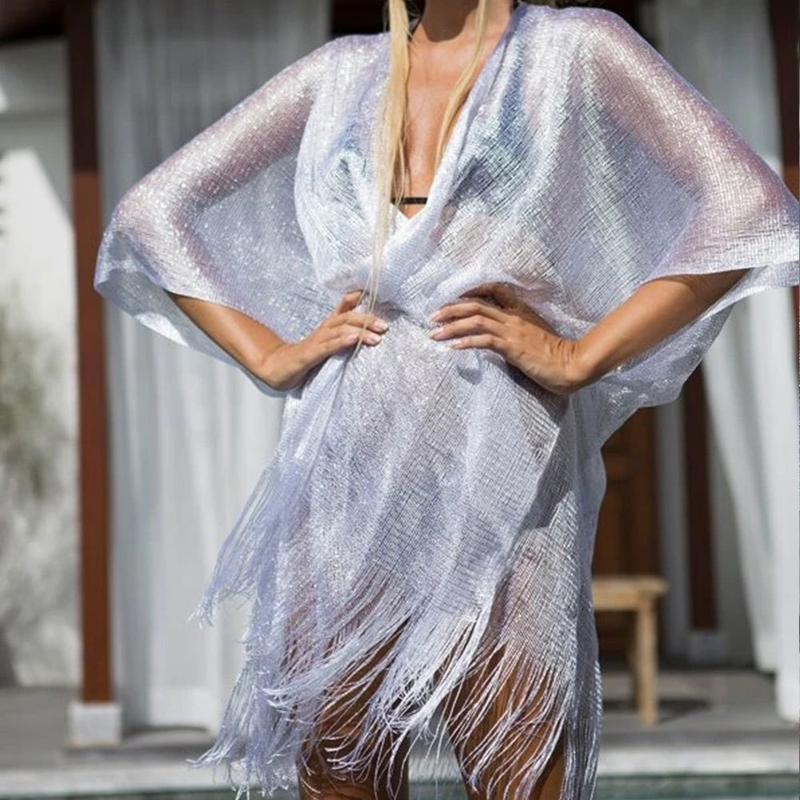 Mesh-Strandüberzug in Gold und Silber, durchsichtiger Urlaubs-Sonnenschutz, Cardigan, Bikini-Außenüberzugsbluse_voghion.com