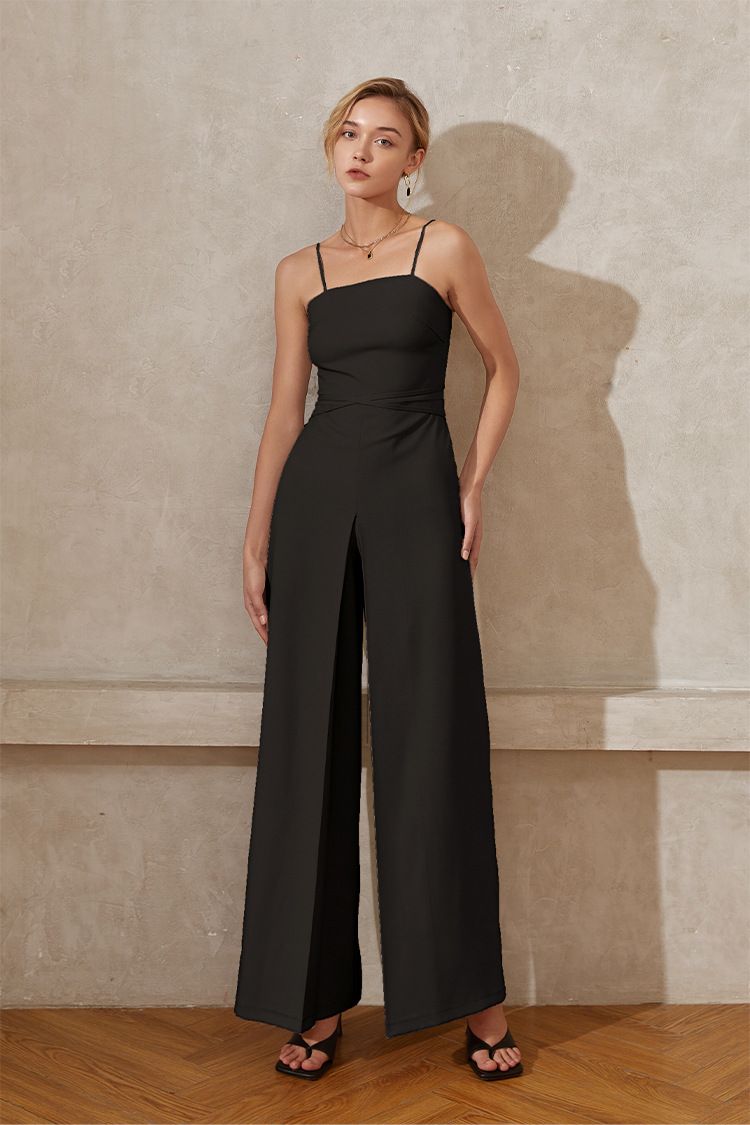 Hochwertige, modische, vielseitige, einfarbige, taillenbetonte Hosenträger-Overalls mit weitem Bein für Damen_voghion.com