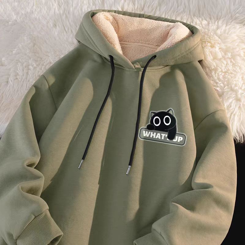 Felpa con cappuccio foderata in pile verde 2024, felpa con cappuccio in lana di agnello spessa alla moda per uomo e donna, taglia 12_voghion.com