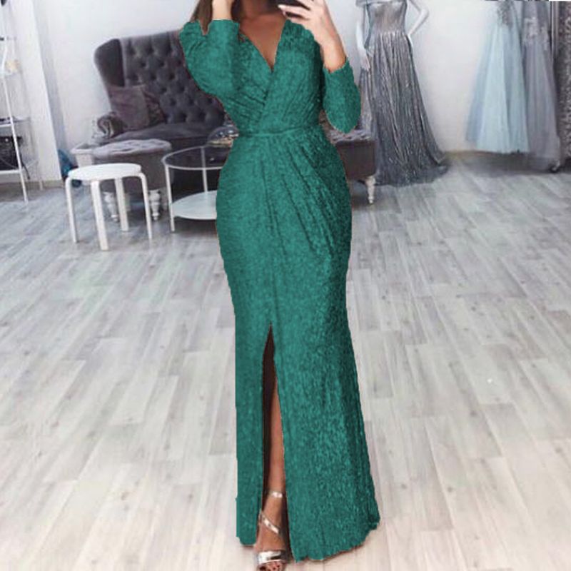 Saia longa feminina vestido de noite profundo decote em v vestido brilhante vestido sexy para jantar_voghion.com