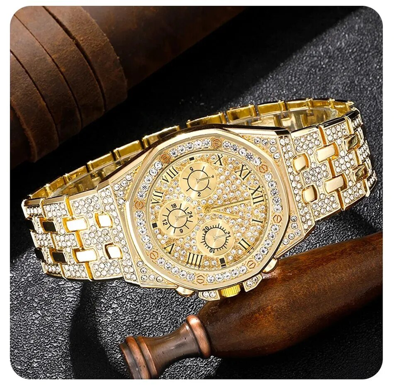 Men's luxury stainless steel gold bracelet, hip-hop diamond, large dial, business, quartz watch, fashionable_voghion.com