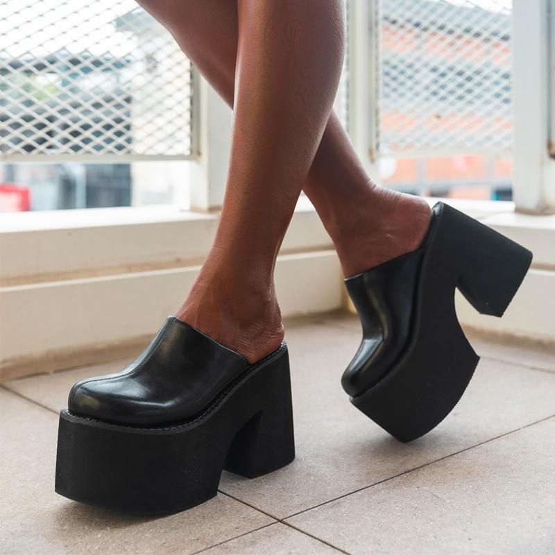 Zárt orrú platform öszvérek vaskos sarkú cipő női vastag alsó fekete magas platós slingback mindennapi viselet kényelmes_voghion.com