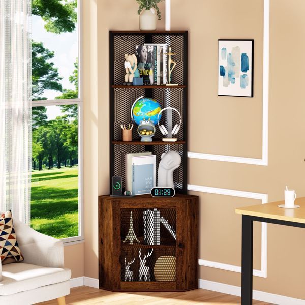 Corner Shelf With Doors, 65' Corner Cabinet & Wine Glass Rack, 6 Tier Bookshelf Display, Freestanding Corner Storage Stand For Kitchen, Living R_voghion.com