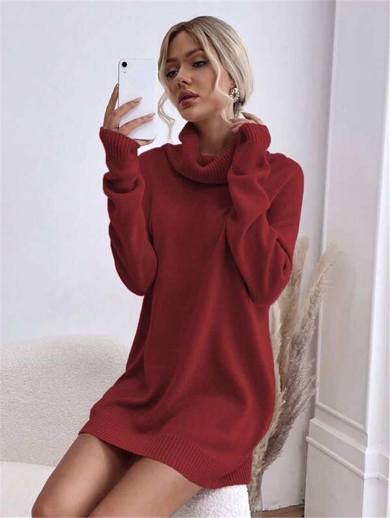 Damenbekleidung Herbst und Winter Neues einfarbiges, lockeres Strickpulloverkleid mit hohem Kragen_voghion.com