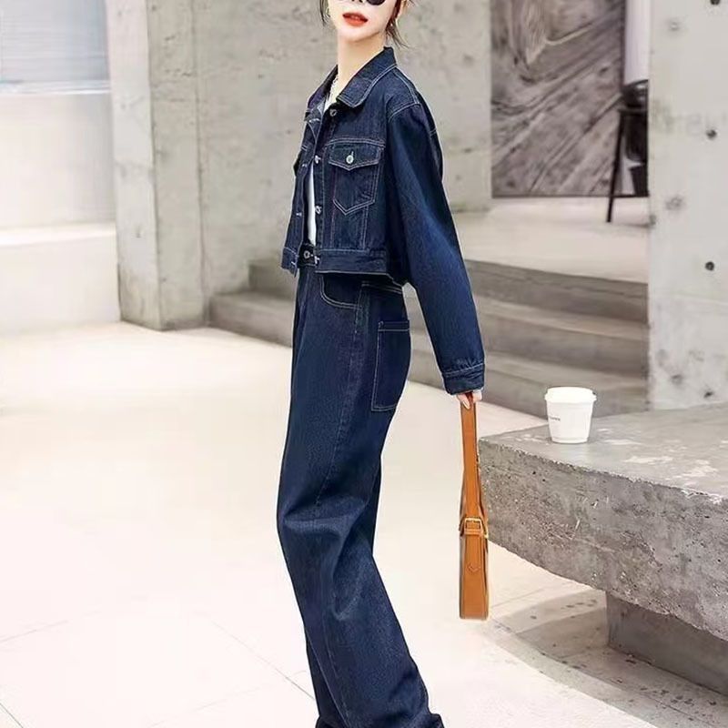 Denim pakjas Nieuwe mode 2025 Werkkleding Wijde broek Dames tweedelig set Buitenkleding Katoen_voghion.com