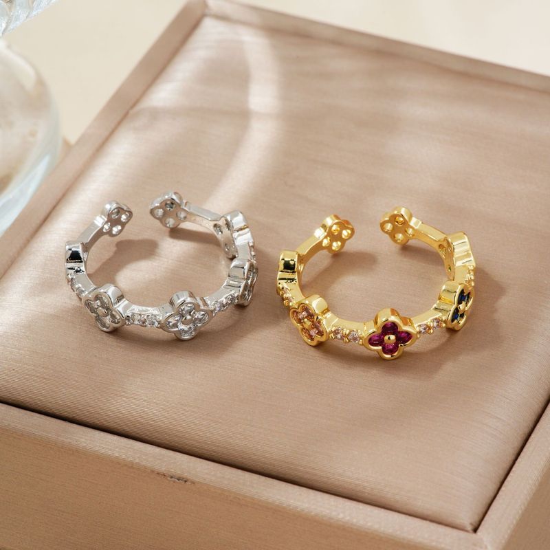 Moxi Neuer luxuriöser kleiner offener, stimmungsvoller, farbenfroher Ring mit vierblättrigem Blumenmuster und Zirkonia_voghion.com
