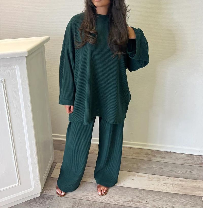 Women's Clothing new corduroy solid color round neck women's long sleeve + pants two piece set_voghion.com