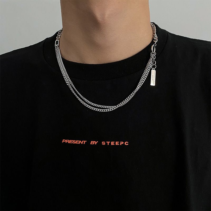 Double Layer Black Diamond Titanium Steel Necklace Men's Hip Hop Trendy Ins Personality Simple Design Niche Versatile_voghion.com