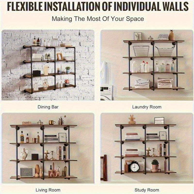 Industrial Pipe Shelf 4 Tier 3PCS 11.8in W Wall-Mount Planks NOT Included_voghion.com