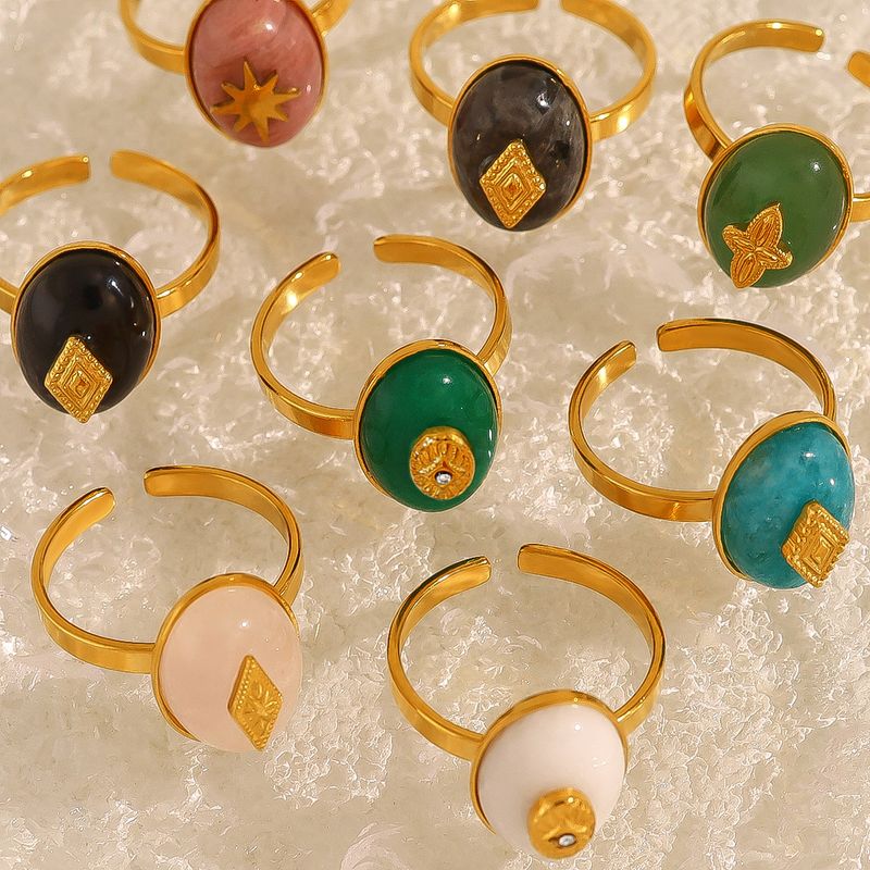 Anello in acciaio al titanio con pietra naturale placcato in oro K Anello aperto con diamante a forma di stella geometrica in stile semplice da donna_voghion.com