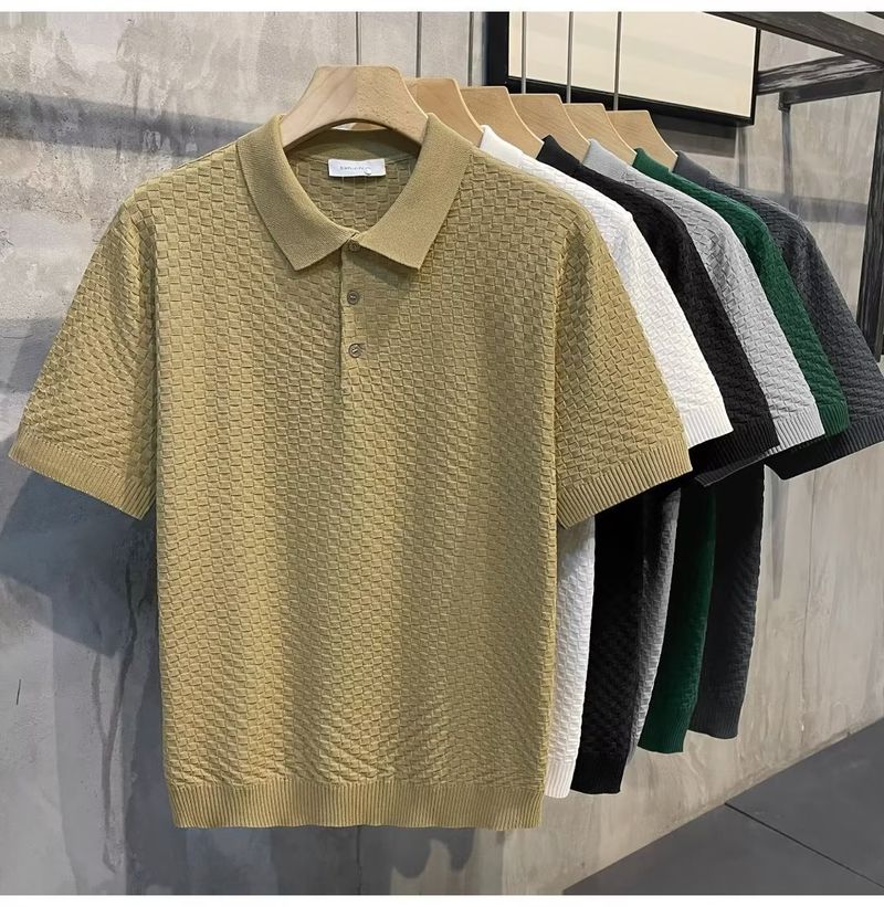 Herrenbekleidung Sommer New Ins Revers Kurzarm Poloshirt Herren Leichtes Luxus All Match Einfarbiges Kariertes Textur T-Shirt_voghion.com