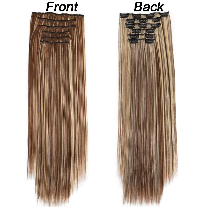 24 Zoll Ombre-Farbclips in Haarverlängerungen, 6 Stück/Set, 16 Clips für Frauen, glattes synthetisches Haarteil, Clips auf Haarverlängerungen_voghion.com