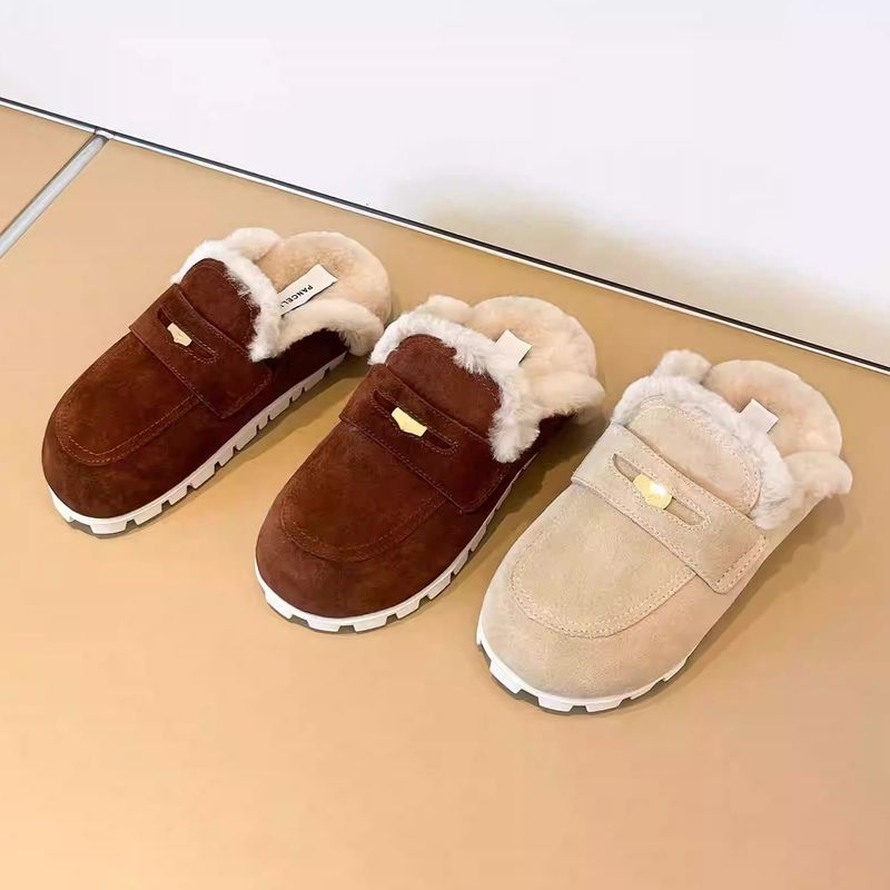Gold Coin Toe Slippers Fur One Retro Belt Buckle All-match Shallow Mouth Single-layer Shoes_voghion.com