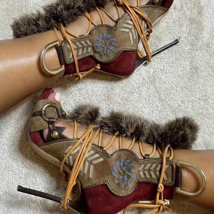 Fashion Metal Buckle Strap Color Block Furry Stiletto Sandals Women Sexy Heels_voghion.com