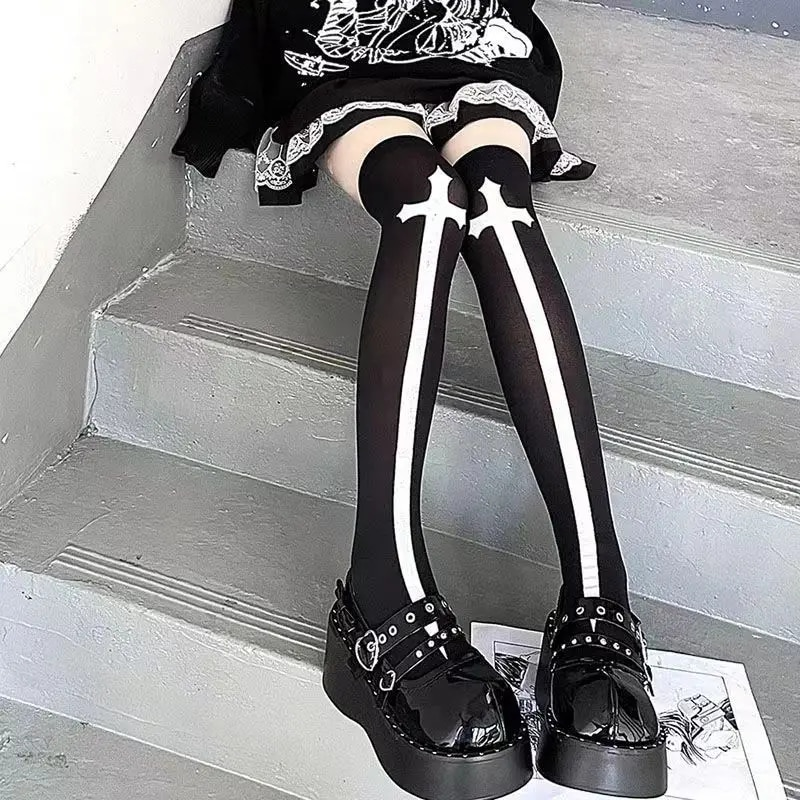 Subkultur Klassisk Lolita Black Goth Söta strumpor Lårklänningar Japanska flickor Gotisk Punk Retro Spindelnät Dödskallefladdermus_voghion.com