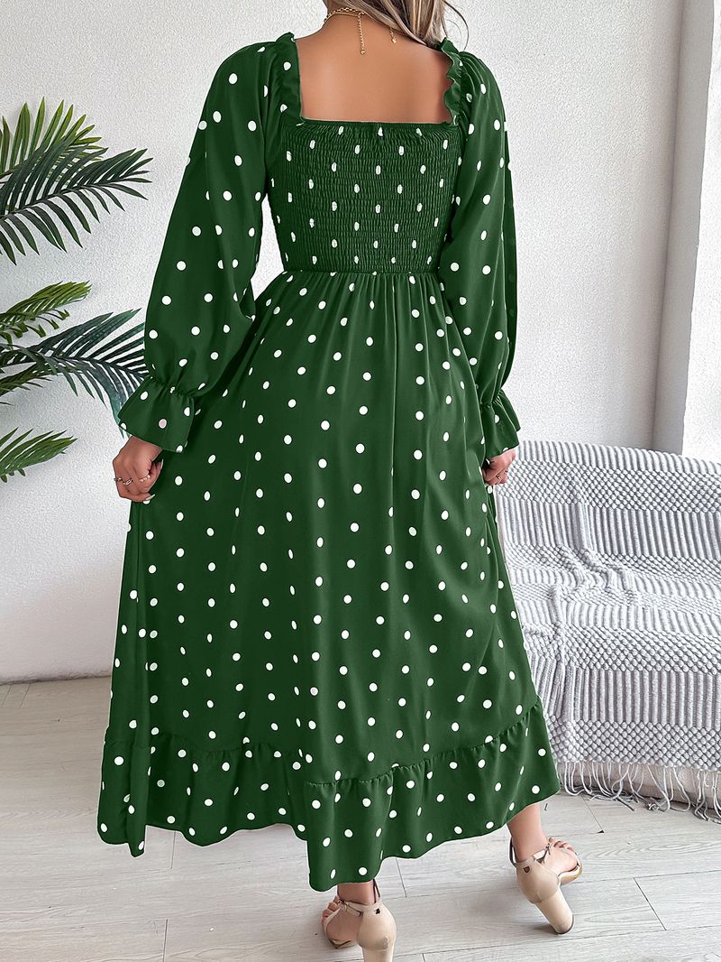 Abito lungo svasato a pois con scollo quadrato, casual, autunno inverno 2025, da donna_voghion.com