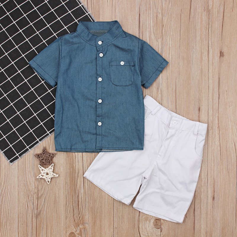 Chemise d'été bleue à manches courtes pour garçons, mère et enfant, haut + short blanc, tendance, deux ensembles d'ins_voghion.com