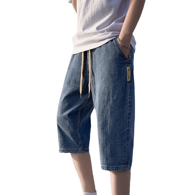 Summer Thin Five-Point Denim Shorts Men's Seven-Point Korean Style Trendy Loose Straight Drawstring Elastic Waist_voghion.com