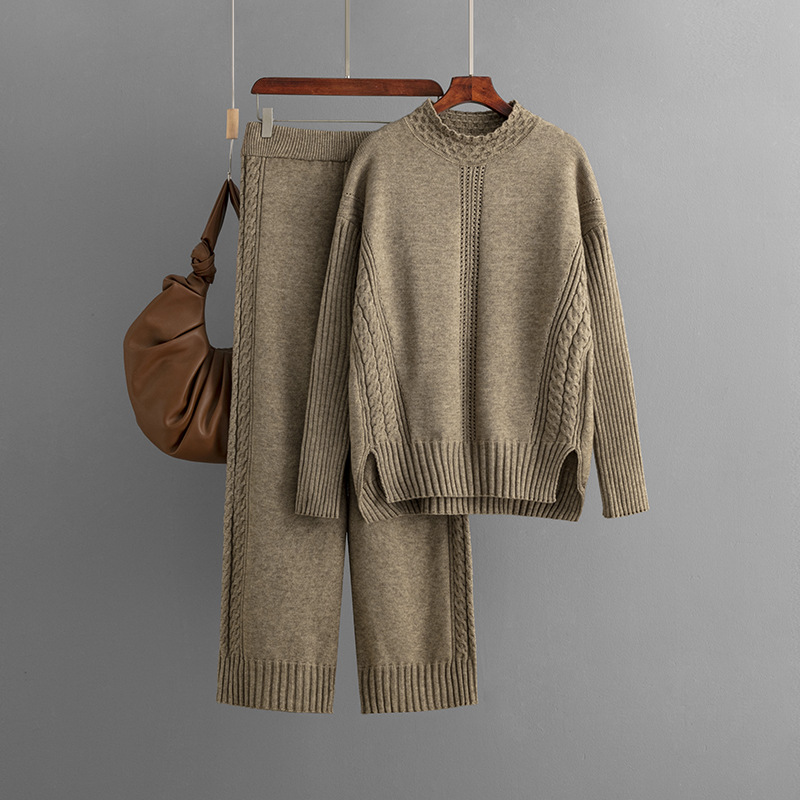 Women's fashion casual knit suit pants loose sweater wide leg trousers long pants two-piece set_voghion.com