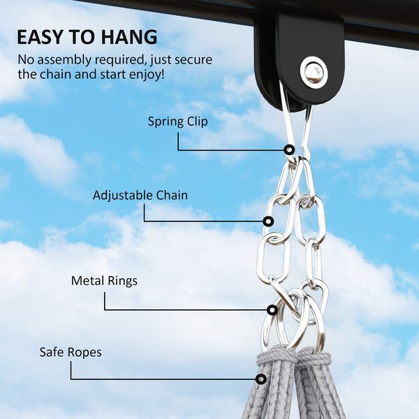 Hammock Swing Chair, Macrame Hanging Chair With Large Cushion, Chain, Steel Frame For Indoor Outdoor Use, Gray_voghion.com