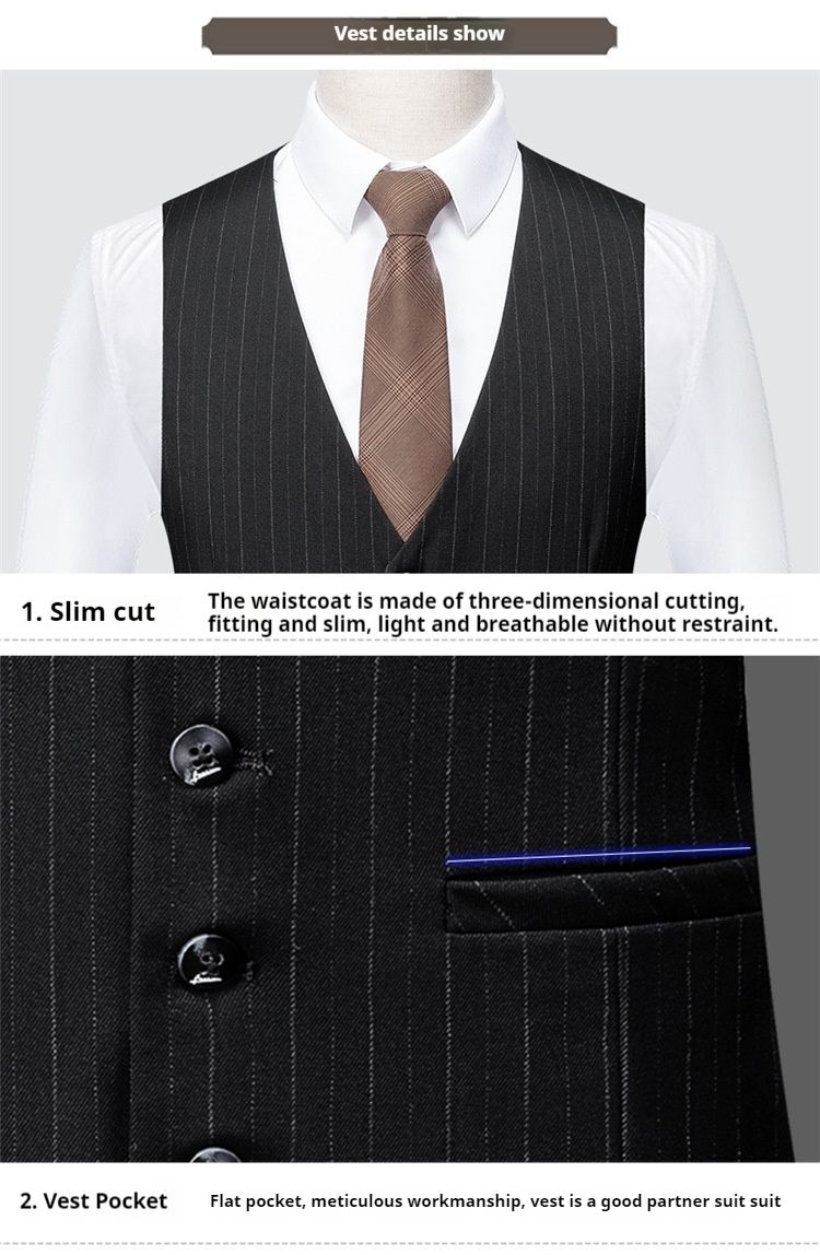 2024 Nuovo tre pezzi casual con colletto con fibbia, abito nero a righe coreano, completo da uomo slim fit_voghion.com