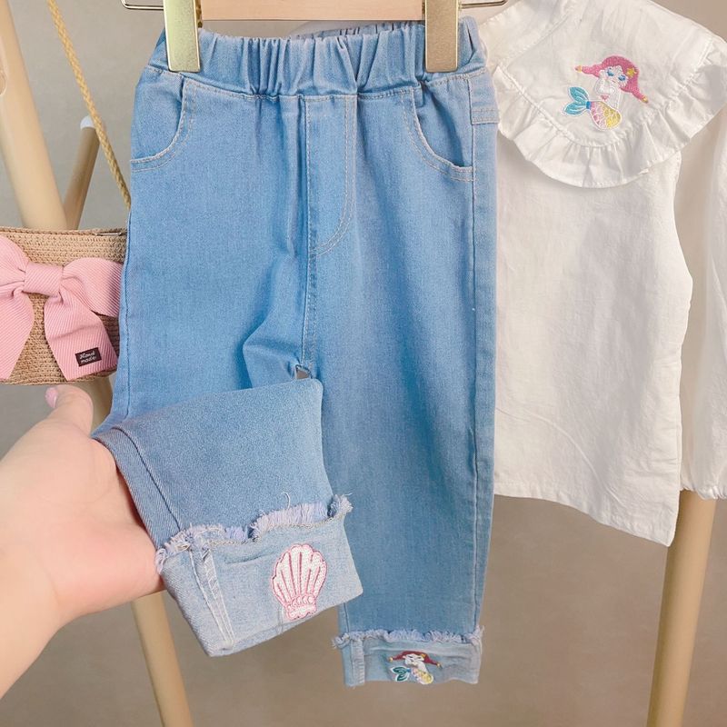 Abbigliamento per bambini, graziosa camicia con colletto ricamato per ragazze e abito a due pezzi in jeans_voghion.com