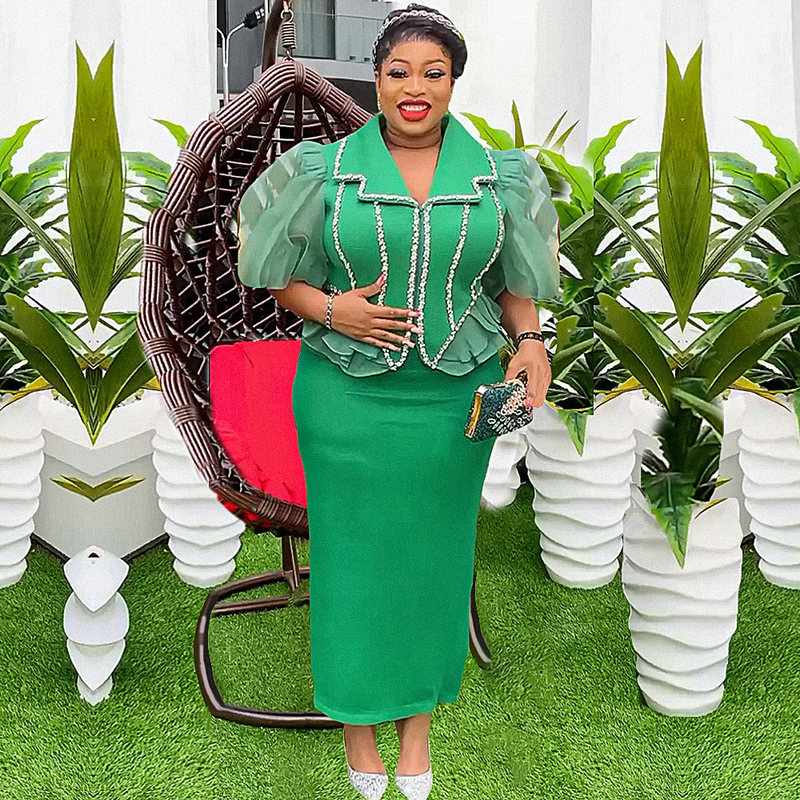 Women's plus size skirt set press drill patchwork two-piece dress_voghion.com