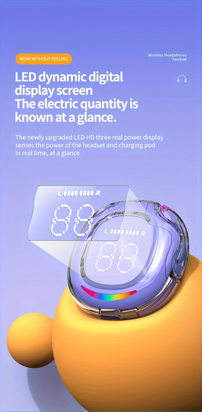 5.4 Wireless Earbuds Built-in Ambient Lighting Sports Gaming Bass Touch Control Headset Digital Display_voghion.com