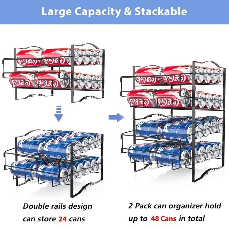 4 Tiers Can Organizer Rack, 48 Cans Soda Can Dispenser Organizer For Refrigerator, Set Of 2 Stackable Beverage Dispenser Rack_voghion.com