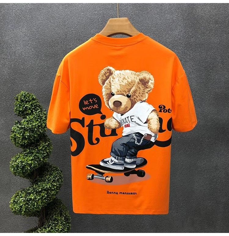 Tecknad björn tryckt kortärmad T-shirt Herr sommar Ny Cyber Populär Samma stil Fashionabla märke All match Casual Youth Base Shirt_voghion.com