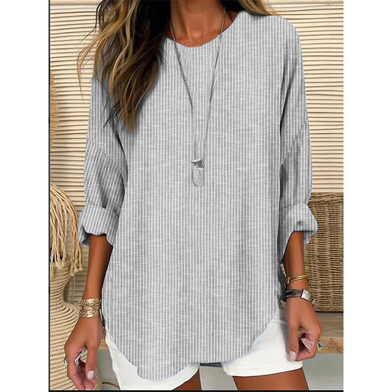 Women's Casual Loose-Fit Striped Woven Top With Round Neck – Comfortable Long Sleeve Blouse For Spring & Everyday Wear_voghion.com