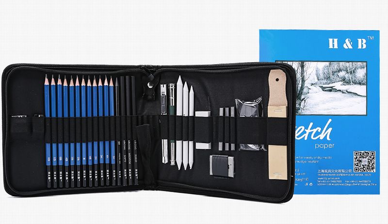 H&B 33-teiliges Skizzierstifte-Set für Anfänger – Professionelles Zeichenset mit HB-Graphitstiften, Kohlestiften, Papierwischern und Nylonetui_voghion.com