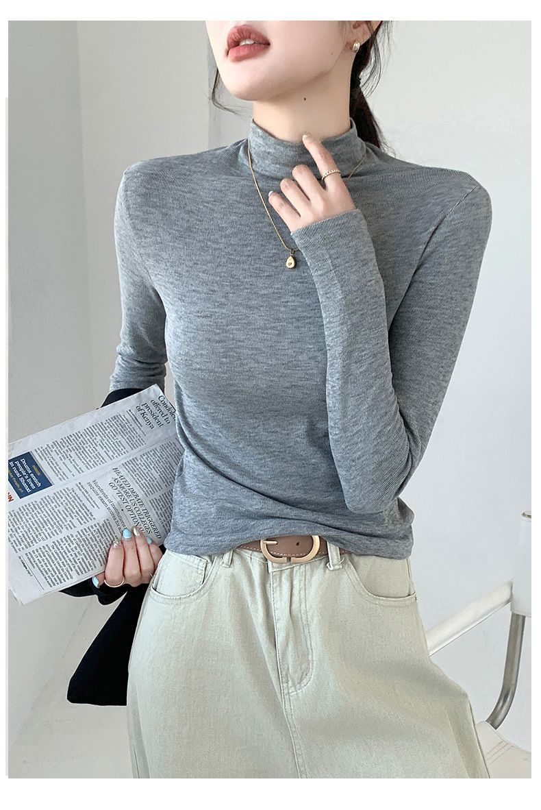 Maglietta termica slim fit con collo semi-alto – Maglia a maniche lunghe da donna, essenziale, elastica e valorizzante, in 6 versatili tonalità neutre (M-XXL)_voghion.com